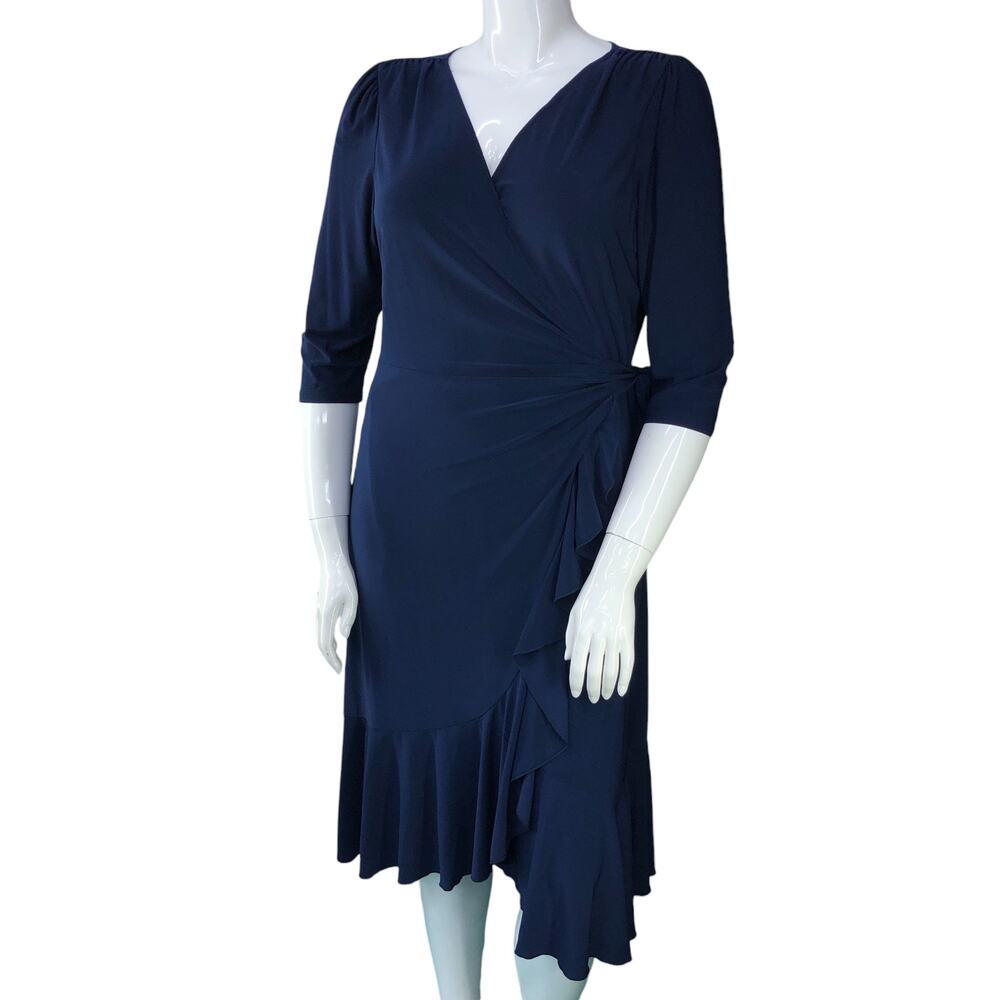 Kiyonna Womens Plus Size 1X Whimsy Wrap Dress V Neck Ruffle Hem Navy USA Made